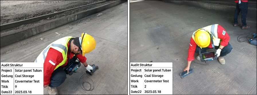 Pekerja melakukan tes covermeter pada struktur beton gudang.
