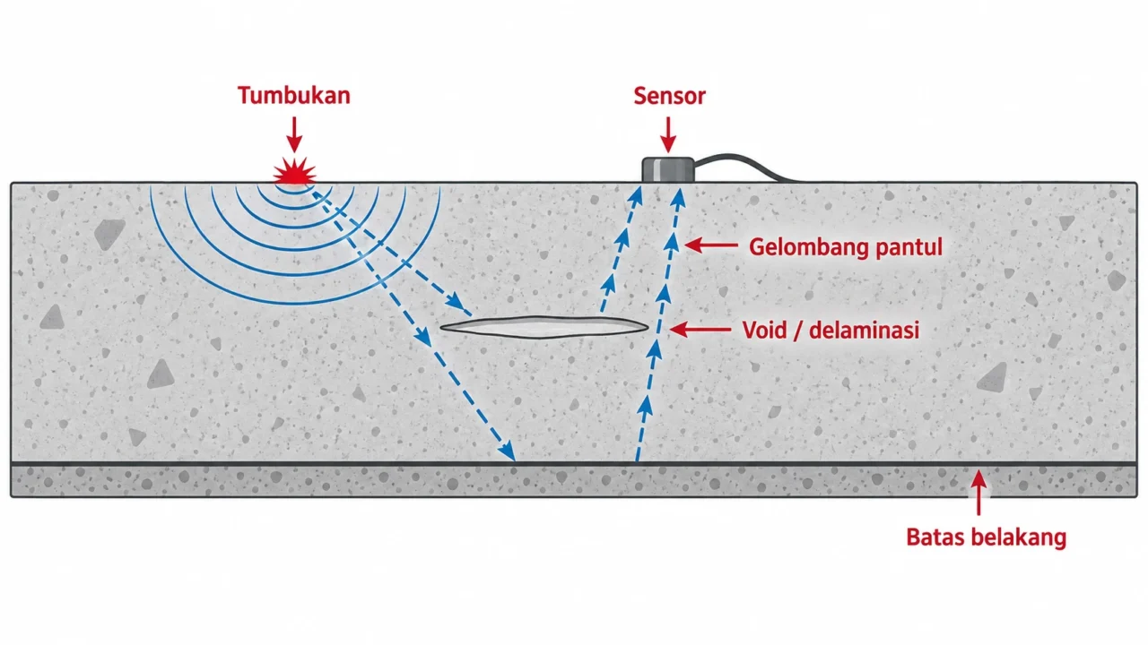 Diagram prinsip gelombang pantul impact echo pada beton