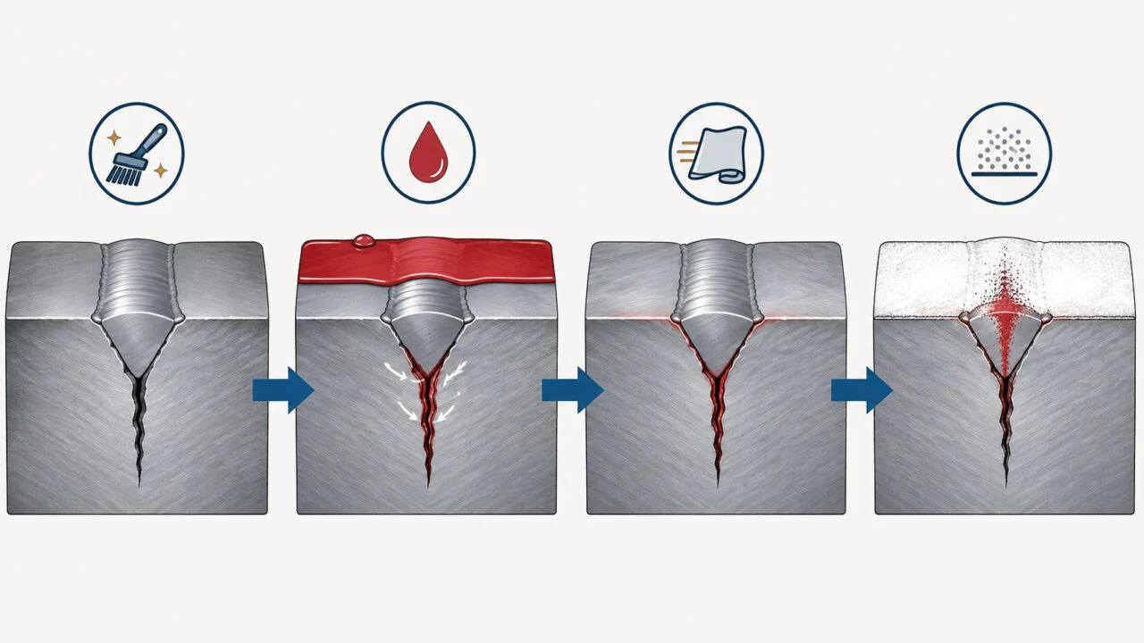Diagram proses uji liquid penetrant pada retak permukaan sambungan las