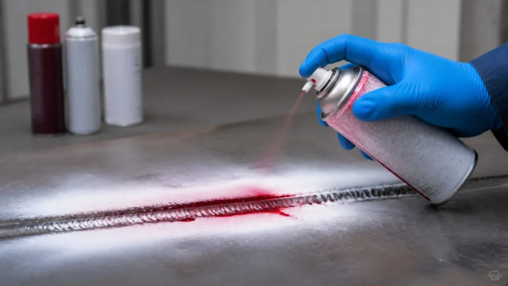Teknisi memeriksa indikasi permukaan pada sambungan las baja dengan metode liquid penetrant