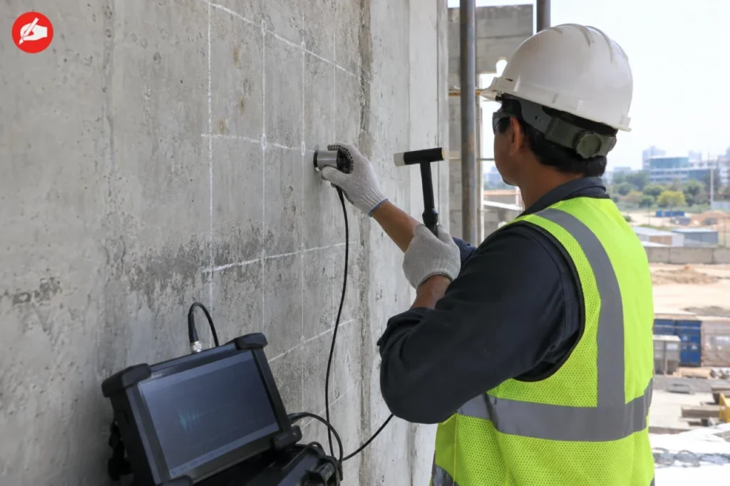 Teknisi melakukan pengujian impact echo pada grid dinding beton