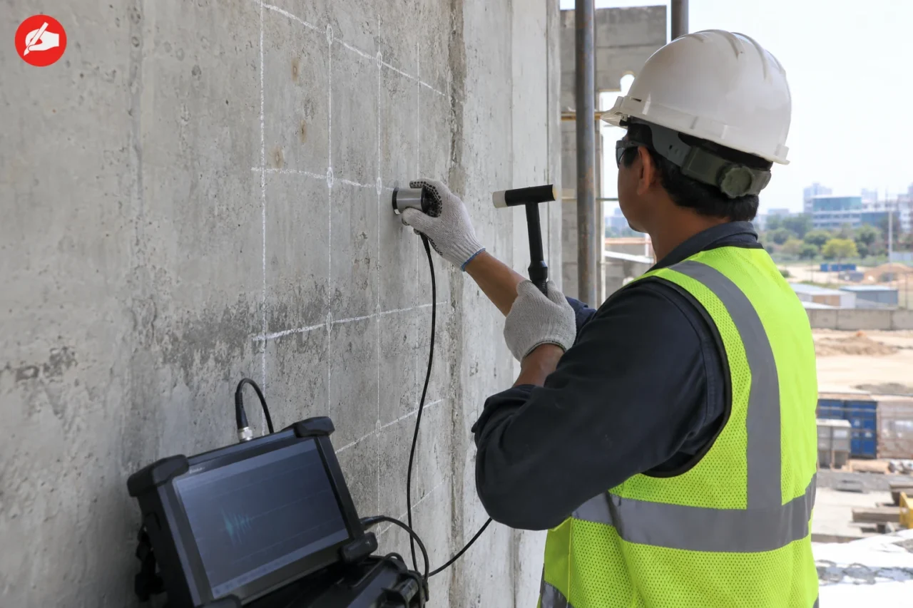 Teknisi melakukan pengujian impact echo pada grid dinding beton