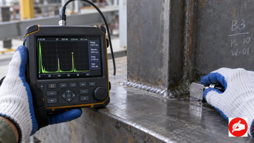 Teknisi melakukan ultrasonic flaw detector test pada sambungan las baja
