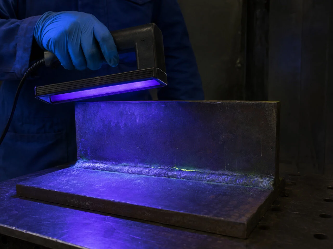 Pemeriksaan UV-A pada sambungan las dengan liquid penetrant fluoresen