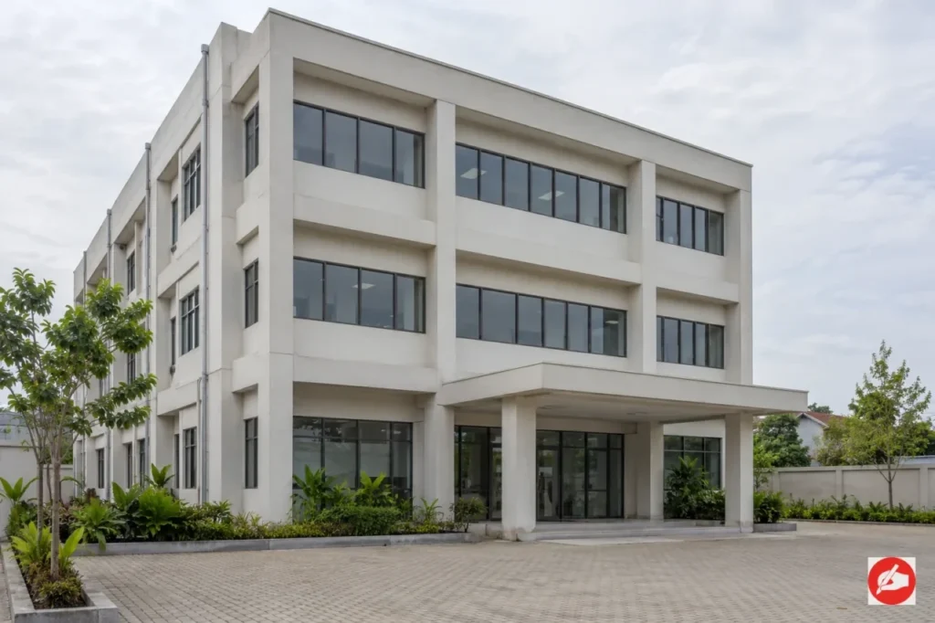 Eksterior gedung bertingkat dengan halaman dan akses masuk