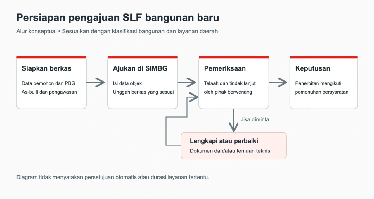 Diagram konseptual persiapan berkas, pengajuan SIMBG, pemeriksaan, perbaikan, dan keputusan SLF