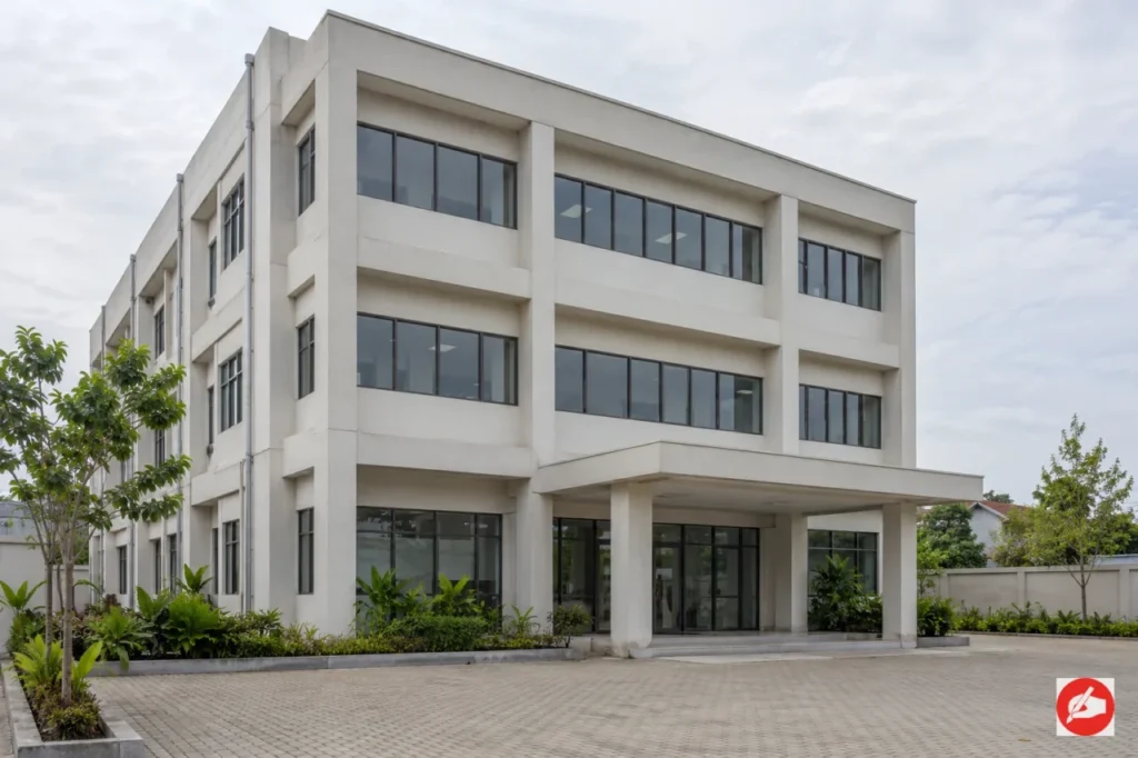 Tampak luar gedung kantor baru dengan halaman dan elemen beton