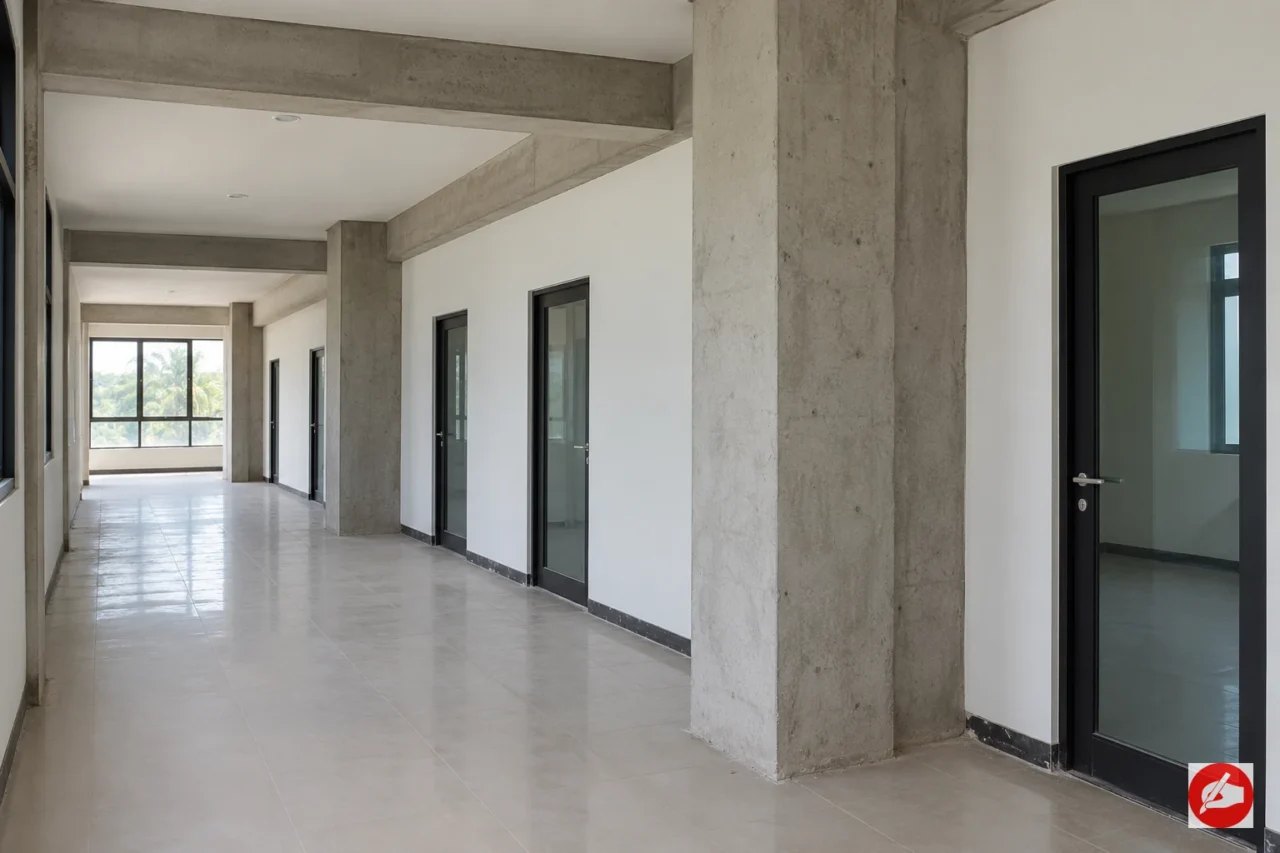 Koridor gedung baru dengan kolom beton, balok, dan pintu ruang
